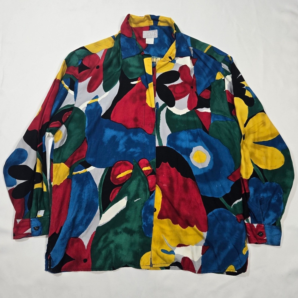 Vintage 80s 90s Esprit Collection Rayon Shirt Large Abstract Floral Blouse Art